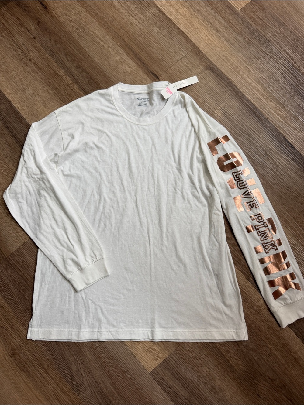 NWT Victoria's Secret Pink Campus Long Sleeve Tee Rose Gold White Shirt Size XL